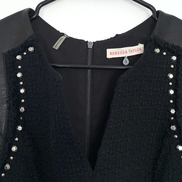 Rebecca Taylor Dress Black Tweed Studded Sleeveless Lamb Leather Fray - Picture 6 of 12